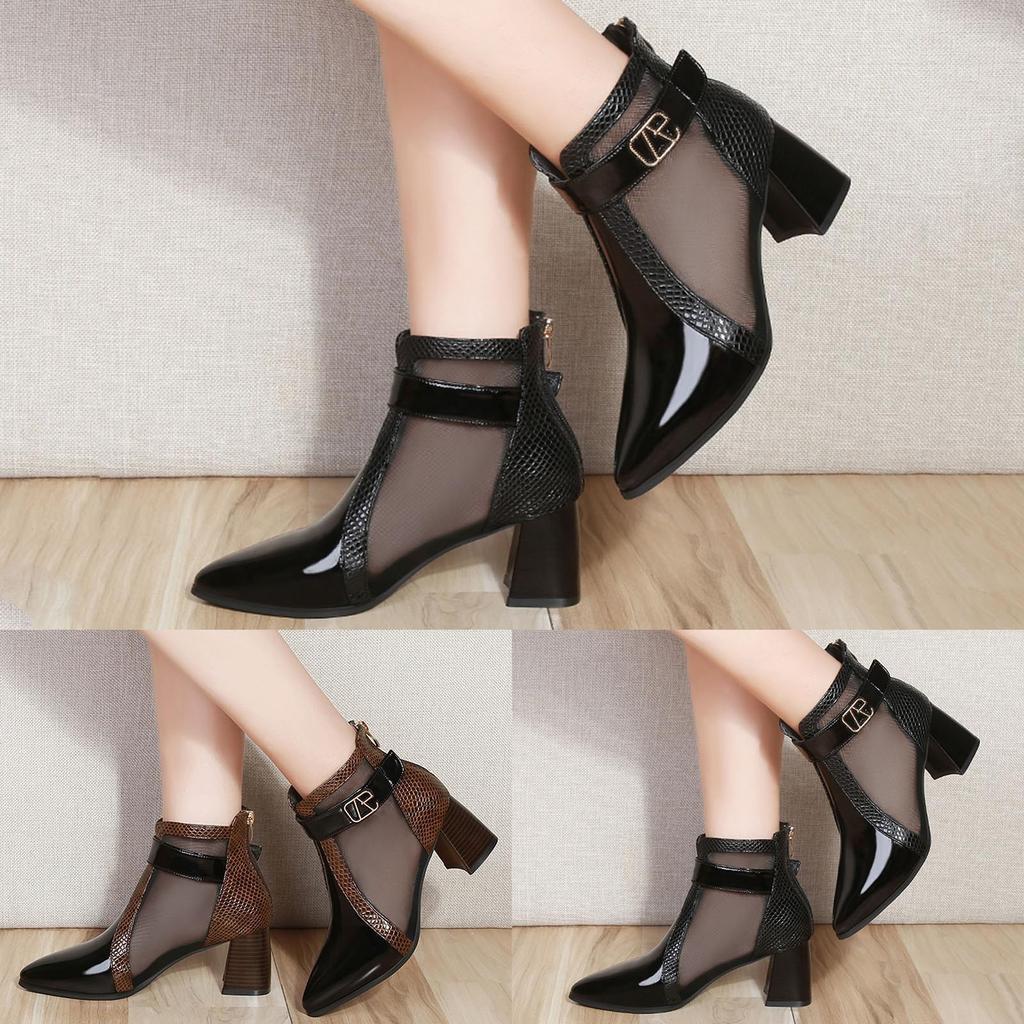 Women's Fashion Mesh Hollow Pointed Ankle Boots Leather Top High Heel Back Zip Boots Women Lug Sole Platform Boots