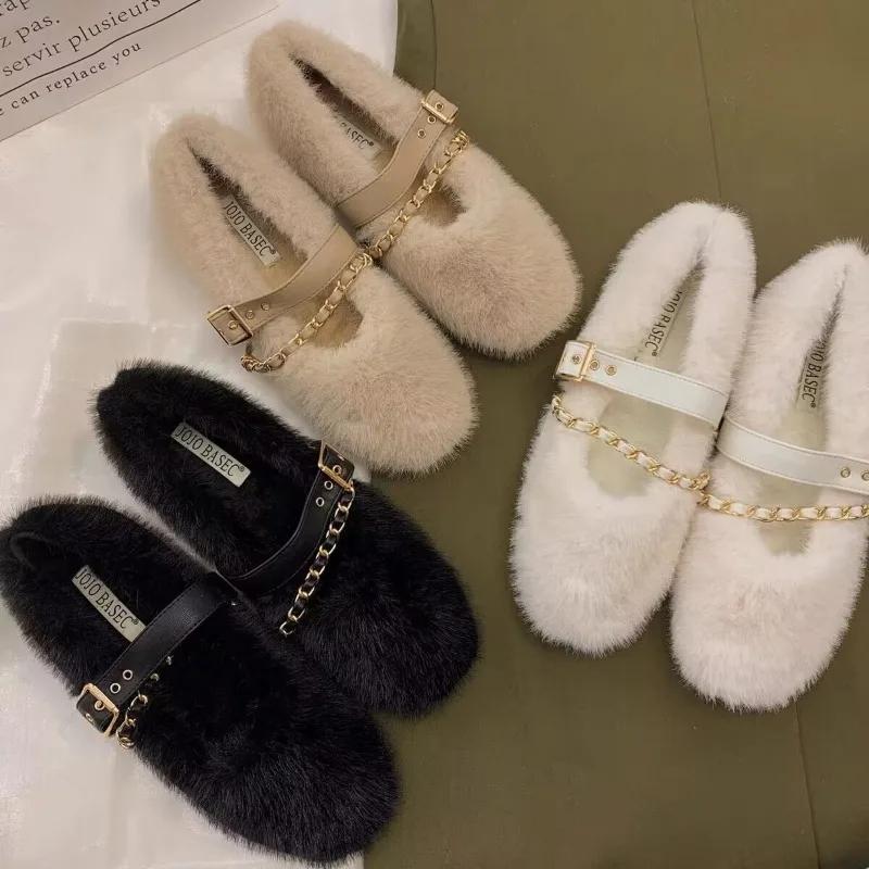 Fashion Designer Spring Autumn Women Warm Fur Shoes Fashion Shallow Slip On Ladies Flats Shoes Round Toe Women's Mary Jane Shoes