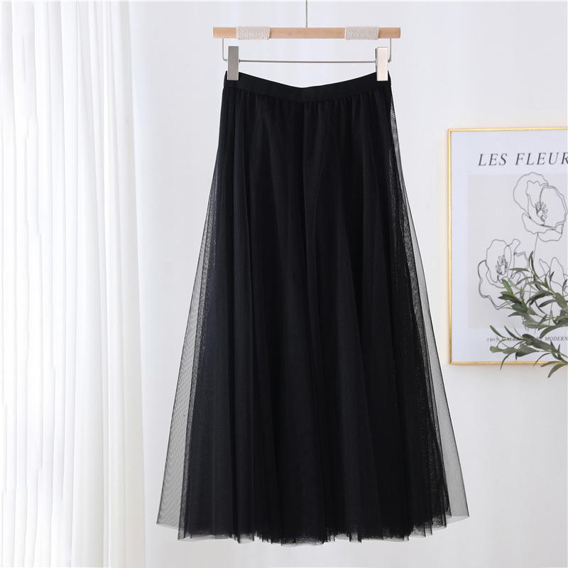 Qooth Women's Slim Skirt Mid Length Gauze Skirt Summer Simple Casual Skirt Fashion Full Dance Skirt QT2588