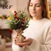 Artificial Pine Tree Desktop Miniature Christmas with Red Berries, Mini Burlap Plant for Home Base, Tabletop Faux Small Potted Holiday Party