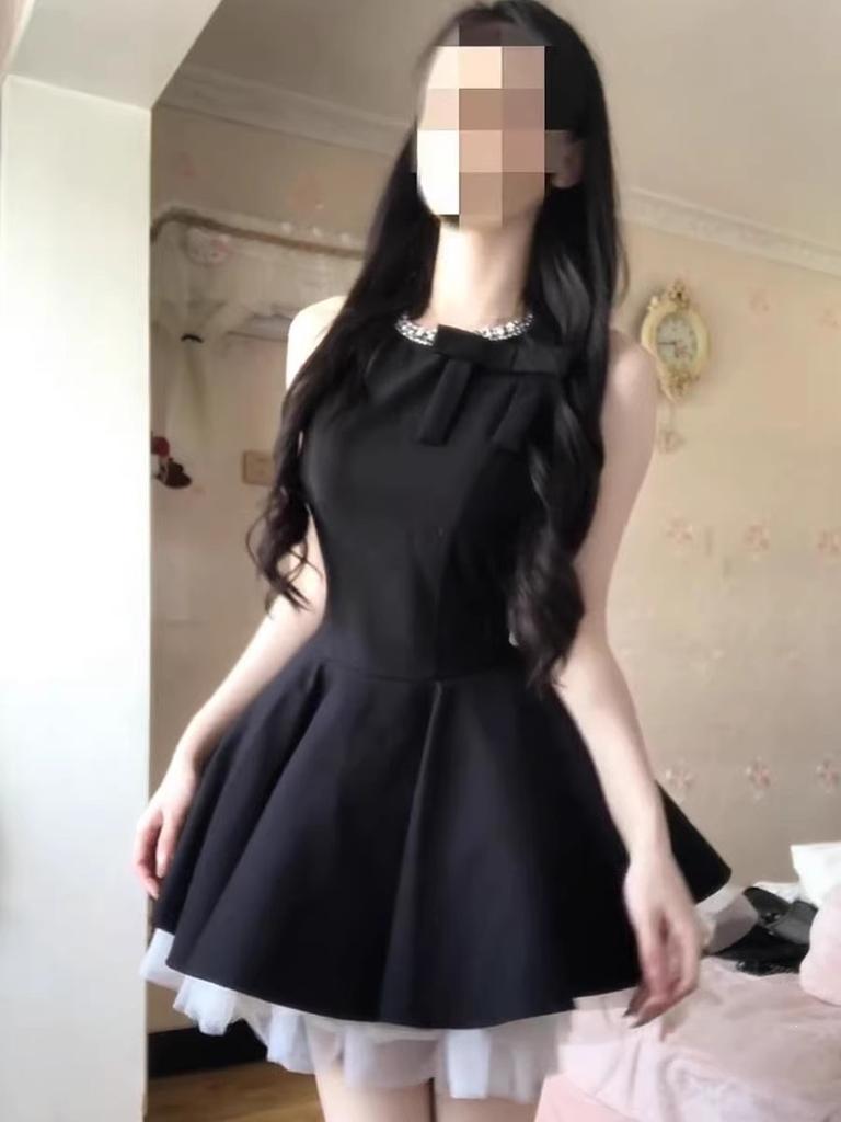 French rich daughter black vest dress women's summer Hepburn style birthday dress princess fluffy dress