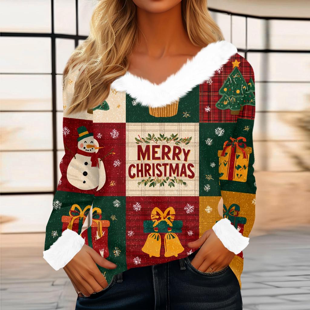 Women's Casual Fashion Long Sleeve Christmas Printed Flannel Collar Top