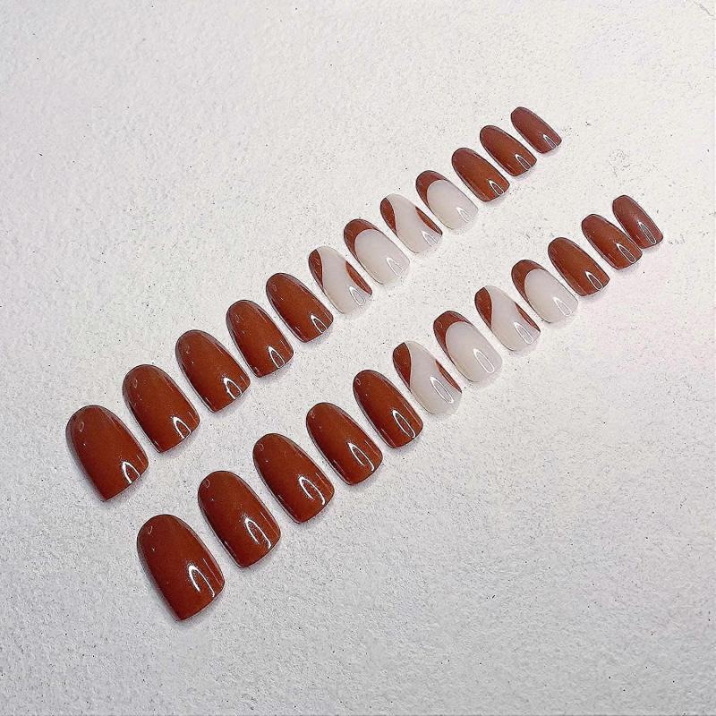 24 Pcs Press On Nails Medium, Heytea Almond Fake Nails with Nail Glue, False Nails with Designs Acrylic Nails Glue On Nails for Women and Girls (Brown
