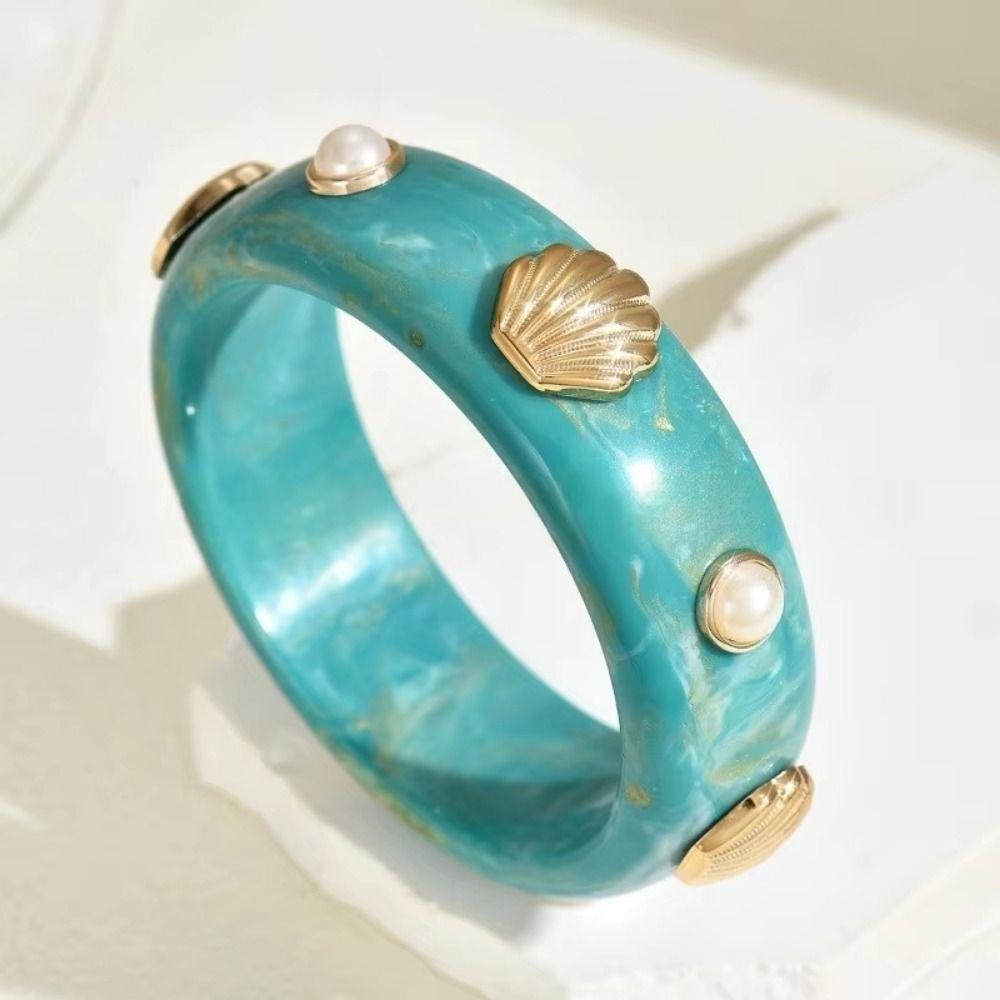 Lightweight Resin Pearl Shell Bracelet Wide Chunky Wrap Wristbands Cuff Bracelet  Women