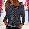 Women Plus Size Asymmetric Cutout Neck Cold Shoulder Long Sleeve Floral Printed Denim Blue Blouse