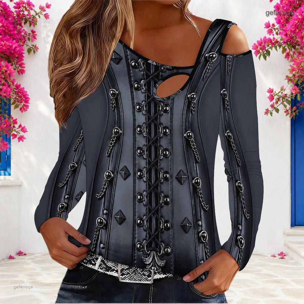 Women Plus Size Asymmetric Cutout Neck Cold Shoulder Long Sleeve Floral Printed Denim Blue Blouse