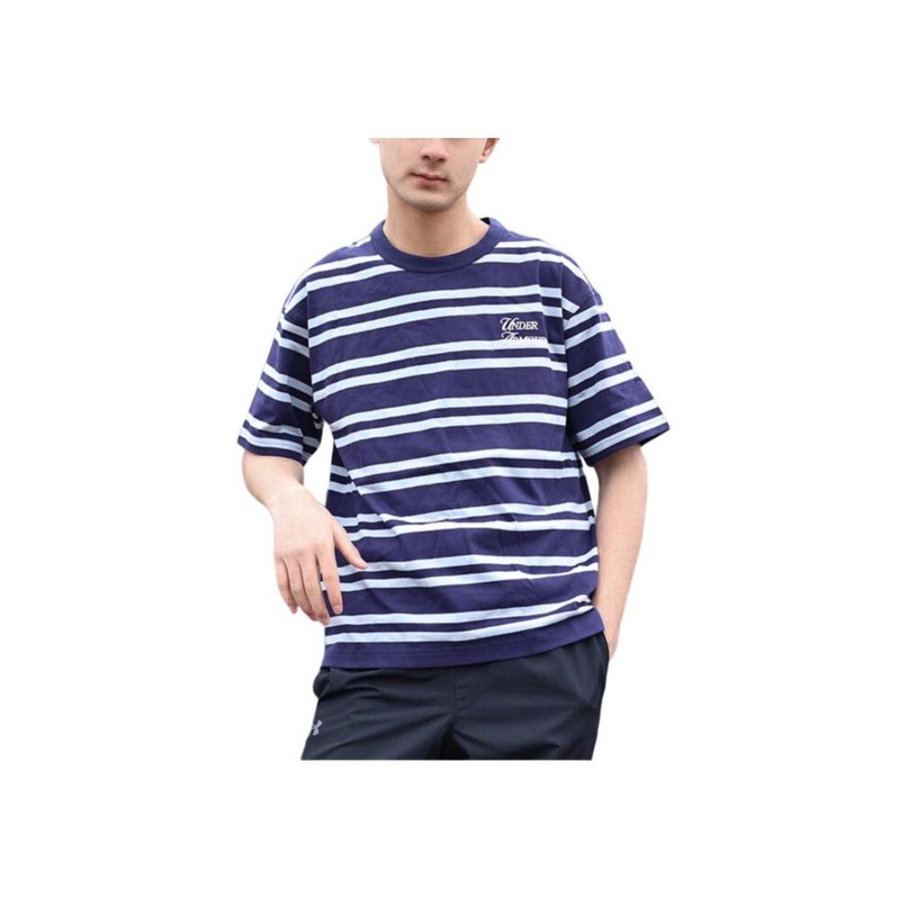 Under Armour Sports Club Round Neck Drop Shoulder Striped Short Sleeve T-Shirt Unisex T-Shirts Navy-Blue 6006003-410