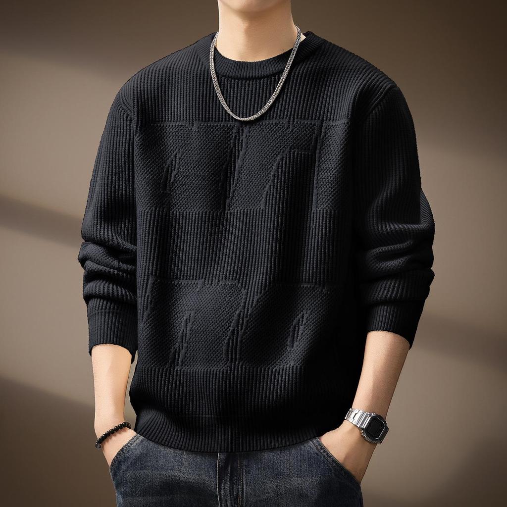Men's Plus Size Retro Textured Sweater - Thickened Round Neck Pullover for Autumn/Winter