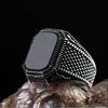 Wei Ya Men's Retro Black Square Agate Pattern Ring - Trendy and Unique Design
