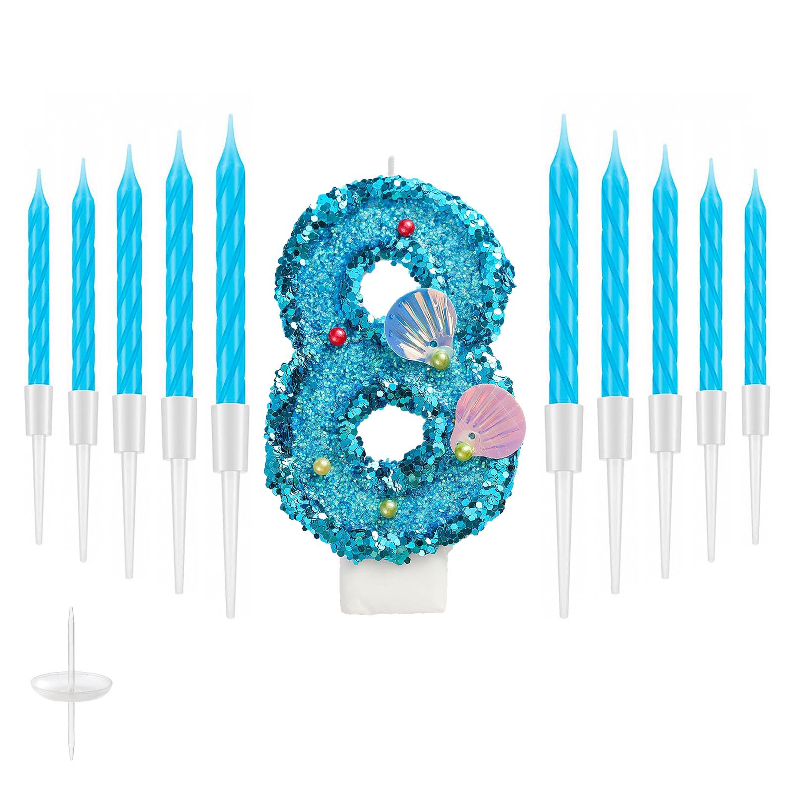 

11 шт. Синяя свеча с цифрой, Свечи с цифрами с ракушками и блестками для тортов на день рождения, Принадлежности для вечеринки в стиле Русалки, Свеча с цифрой 0-9
