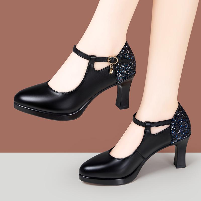 

7см 9см Модные туфли из натуральной кожи с мелким вырезом, туфли-лодочки на платформе, весна 2025, туфли на высоком блочном каблуке, черные для офиса, для модели, для мамы 41