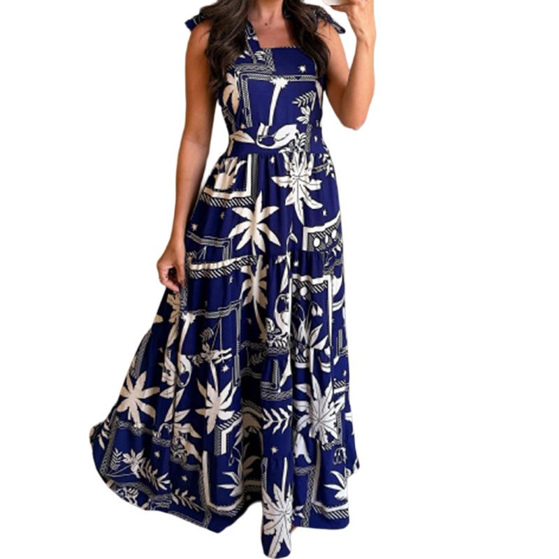 New European and American women's clothing fashion popular printing suspender long dress vacation