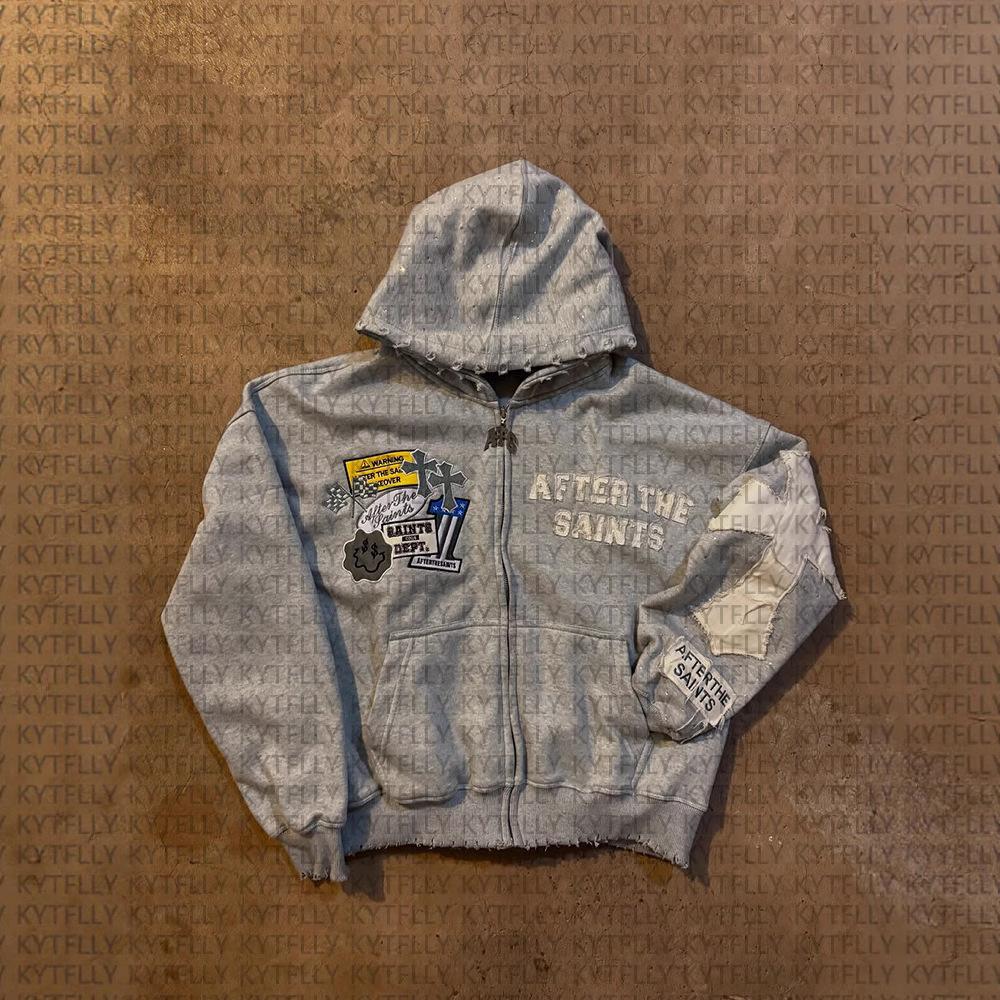 Completo Y2K da Donna a 2 Pezzi Felpa con Zip e Toppe Strappate Lettere Pantaloni Lunghi Dritti Streetwear Tuta