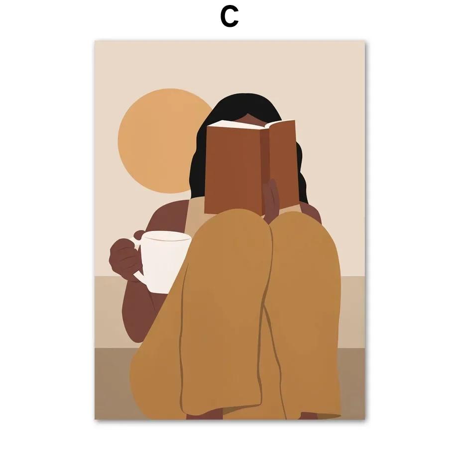 Elegant Abstract African Girl Wall Art with Sun  Coffee  HD Canvas Print Poster for Living Room  Bedroom Decor