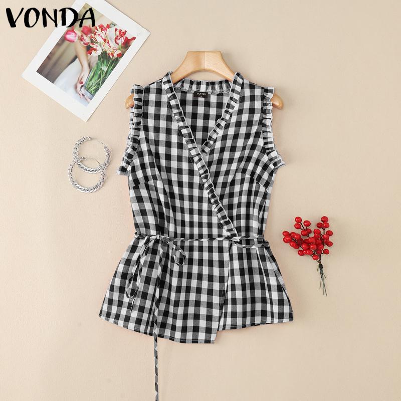 

VONDA Women Ruffled Sleeveless Front Cross Plaid Print Casual Tank Tops M чорний