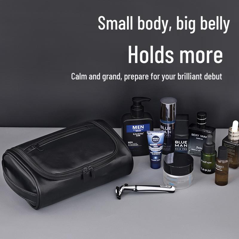 Men's PU Leather Handheld Cosmetic Bag: High-Capacity Waterproof Toiletry Travel Case