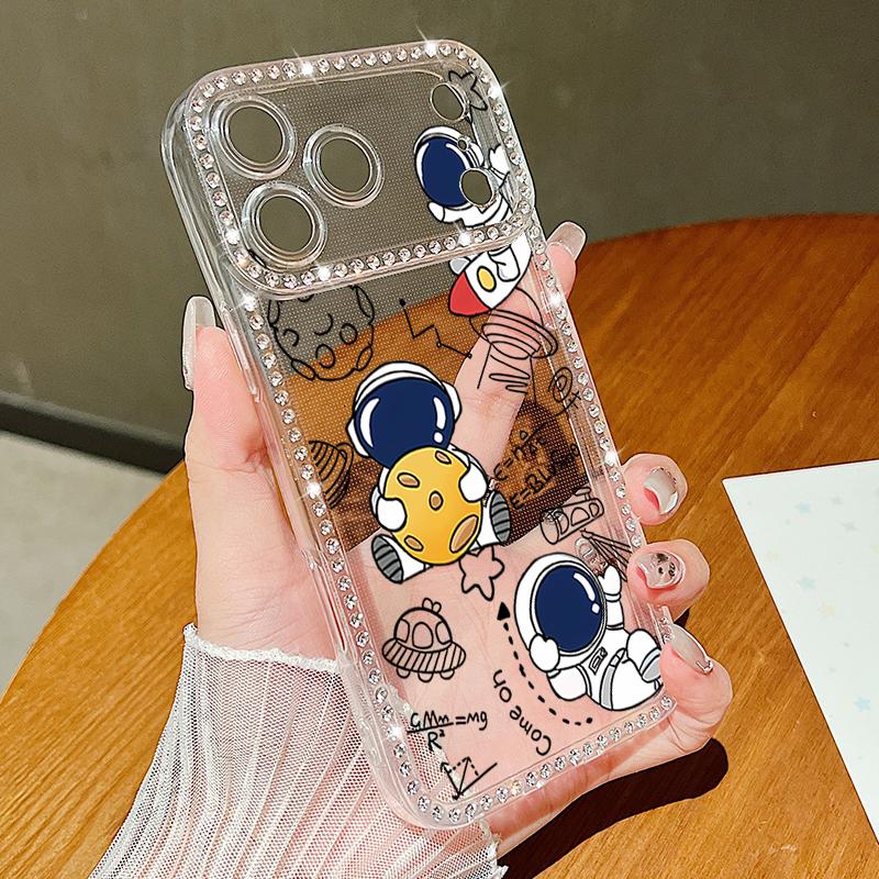 Diamond Astronaut Pattern Phone Case For iPhone 16e 17 Air 16 15 14 Pro Max 13 17 Pro Max 17 16 15 Plus Shockproof Bling Diamond TPU Soft Cover