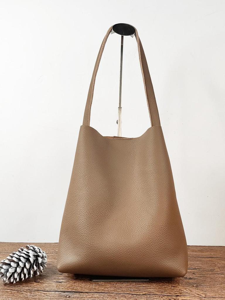 Women's Lychee Pattern Cowhide Bucket Bag - Large Capacity, Commuter Style, Single Shoulder, Lightweight Genuine Leather