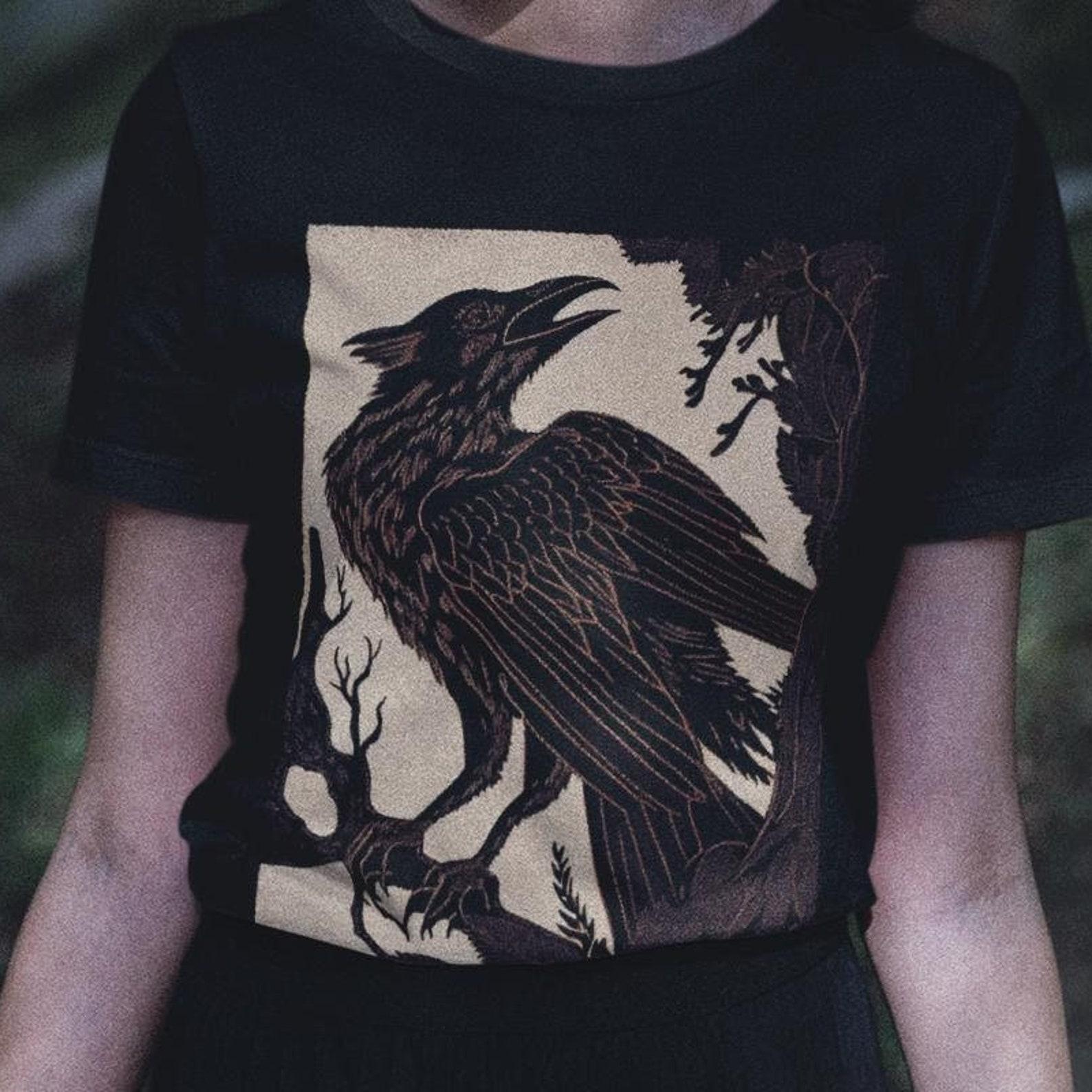 GOTHIC CROW LINOCUT T-shirt- Unisex Premium Bella+ Shirt - Punk, Goth, Gothic, Rockabilly, Horror - Halloween, Raven, Black Bird, Etching 4XL