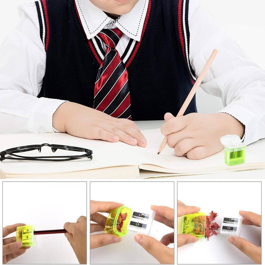 Improved manual pencil sharpeners with double hole in color 2 blue Compact handheld for kids and adults school and office use students and hom