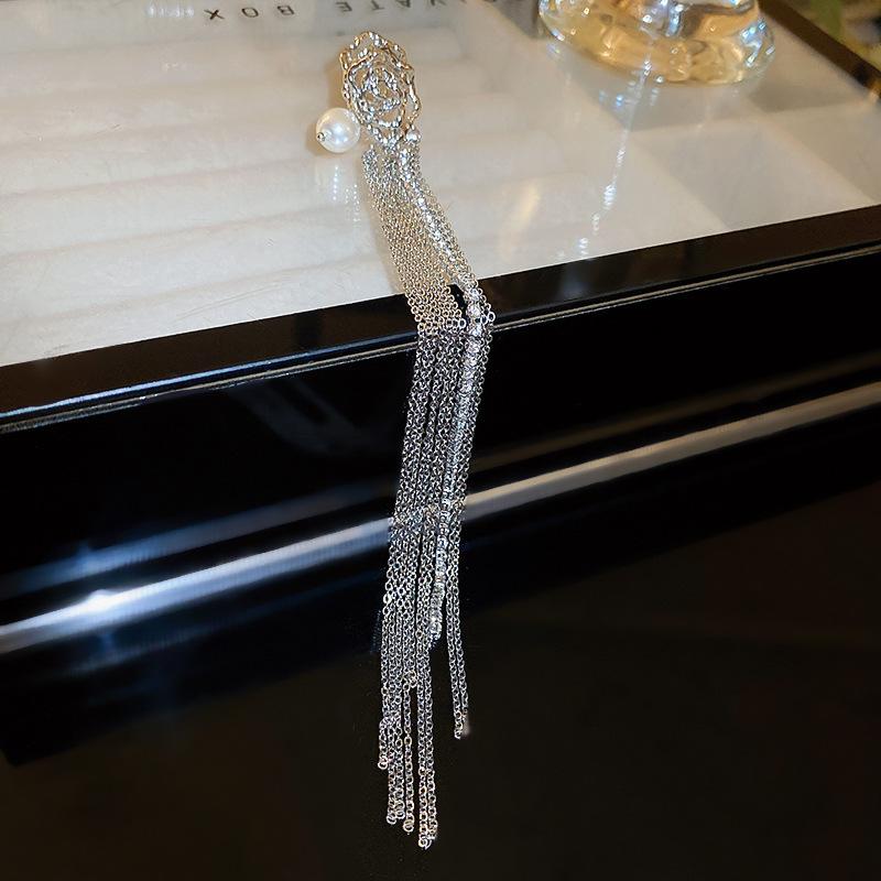 No ear holes, diamond-encrusted pearl fringed ear clips, light luxury, niche cold wind earrings, fashionable and simple long ear bone clips, women
