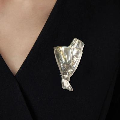 Yousheng Bouquet Brooch Lightweight Alloy Vase Silhouette Insert Real/Dried Flowers Wearable Art Pin Polished Metal Finish Badge