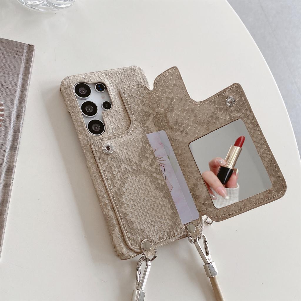 For Samsung Galaxy S24 Ultra Case Zipper Card Holder Mirror Snake Texture PU + PC Back Cover with Lanyard