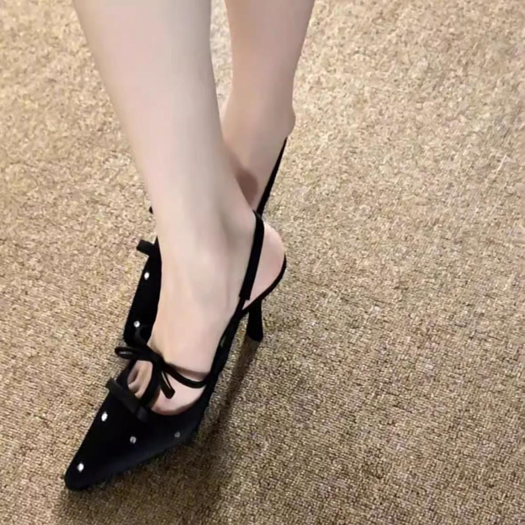 Design Sense Polka Dot Rhinestone Bow Sexy Black High Heels Thin Heel Pointed Head Beautiful Shallow Mouth Backempty Sandals Women