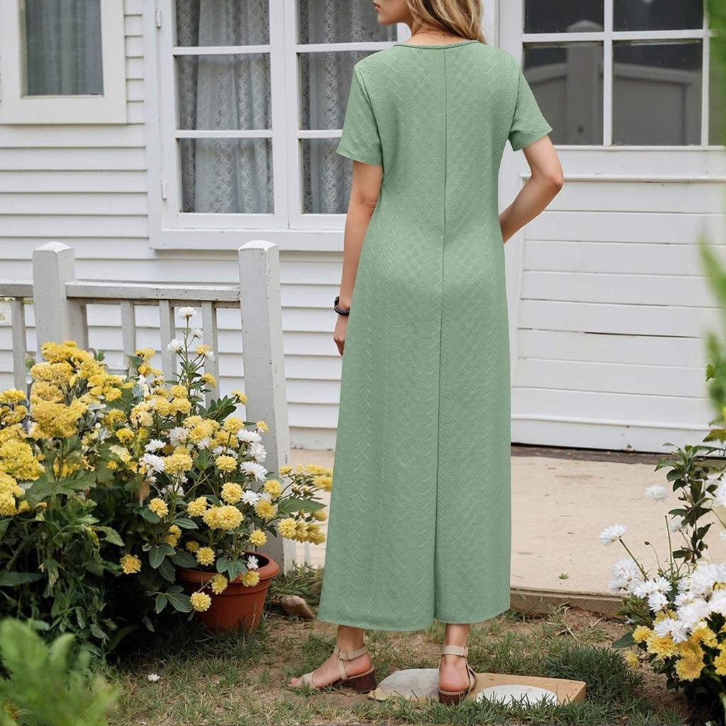Women's Fashion Casual Solid Color V Neck Short Sleeve Dress