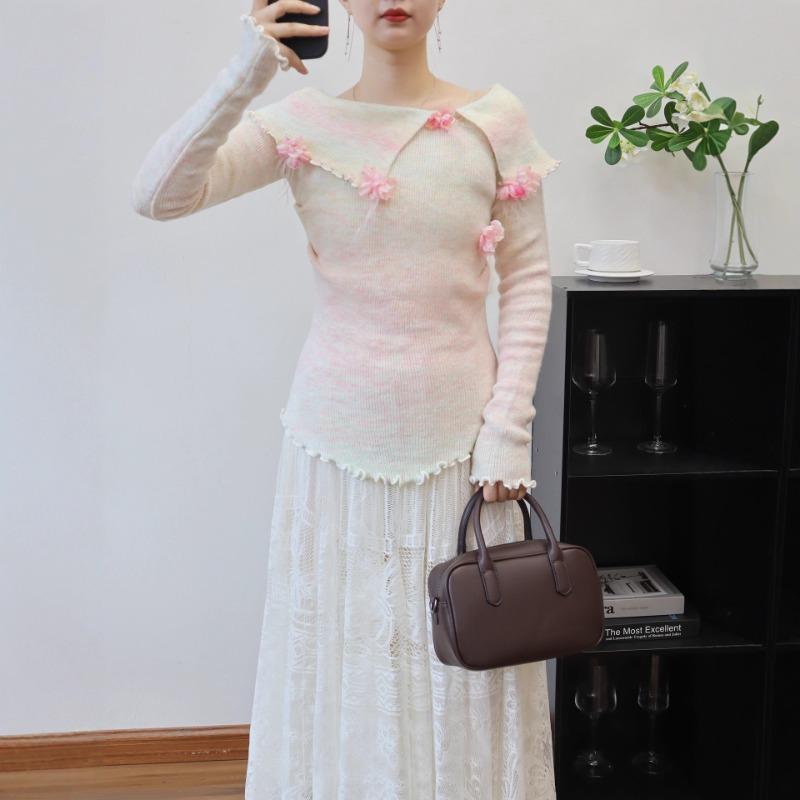 Autumn and Winter New Pink Three-dimensional Flower Shoulder Sweater Pullover Slim Temperament Knitted Sweater Top Women