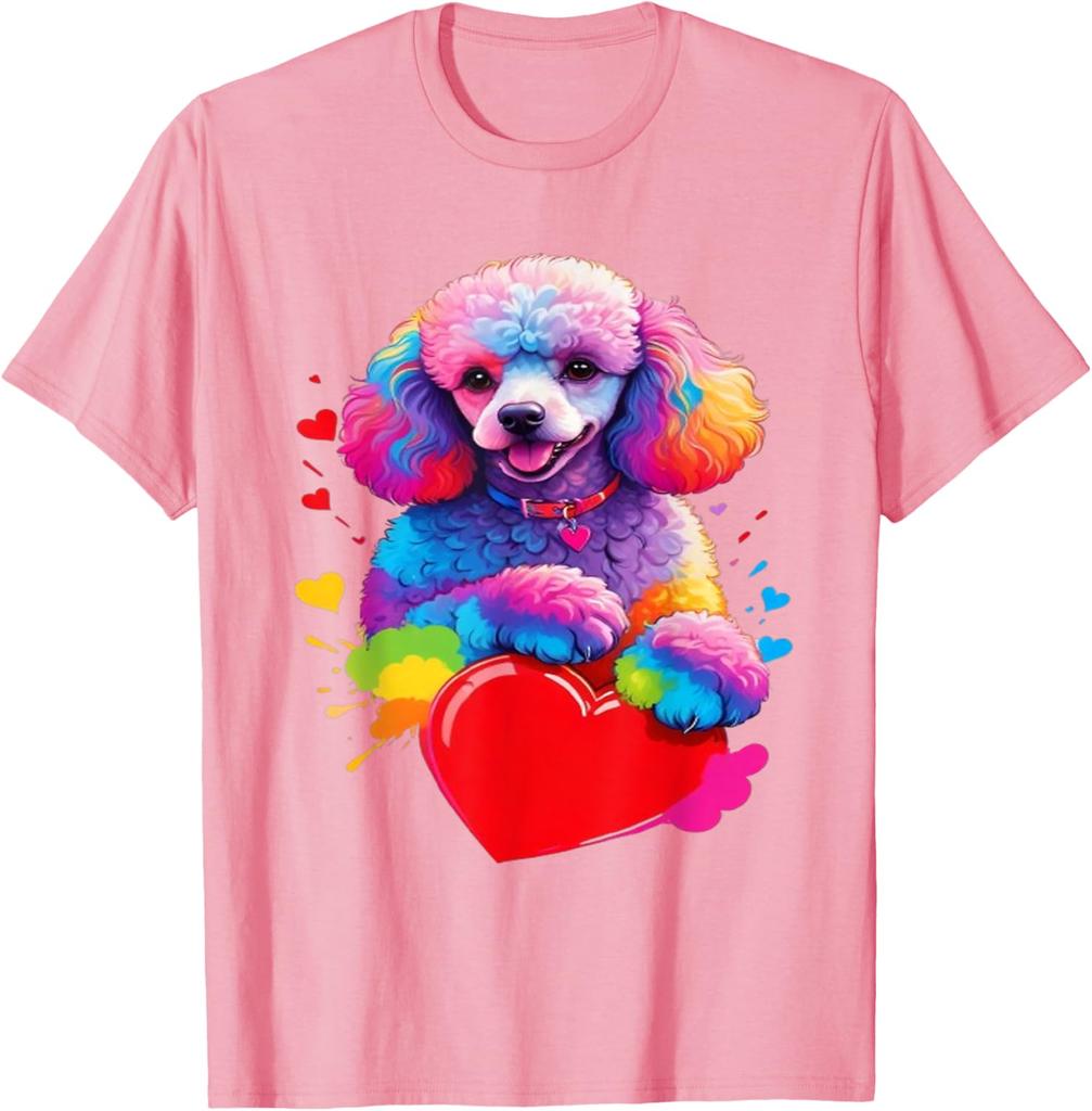 Colorful Rainbow Poodle Heart Graphic Tee Men Casual Short Sleeve Cotton Print T-Shirt