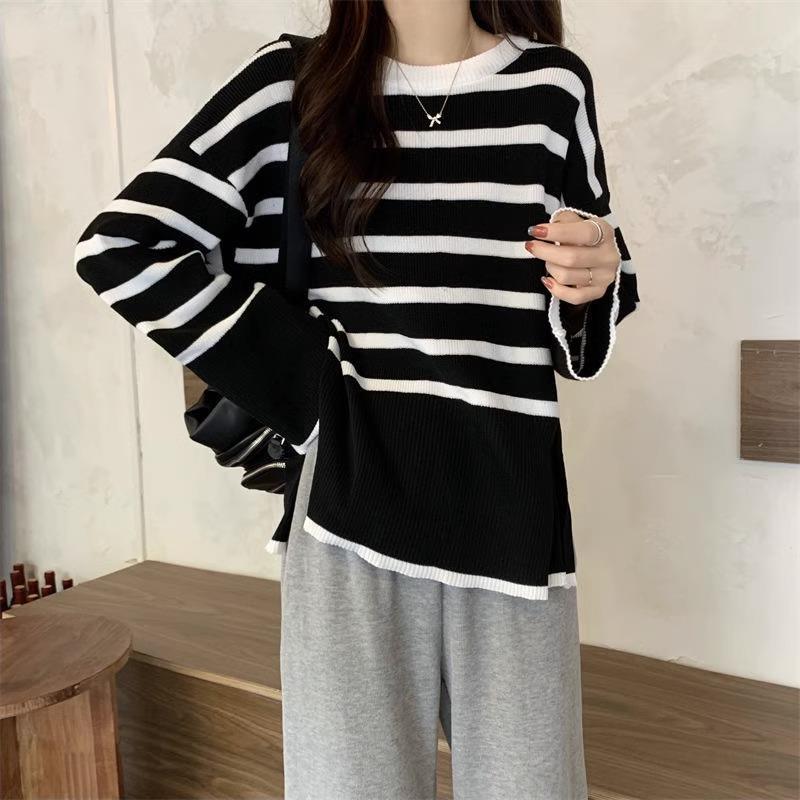 Designed Retro Striped Long-sleeved Sweater for Women In Spring and Autumn New Style Sweater Niche Loose Slimming Top for Women