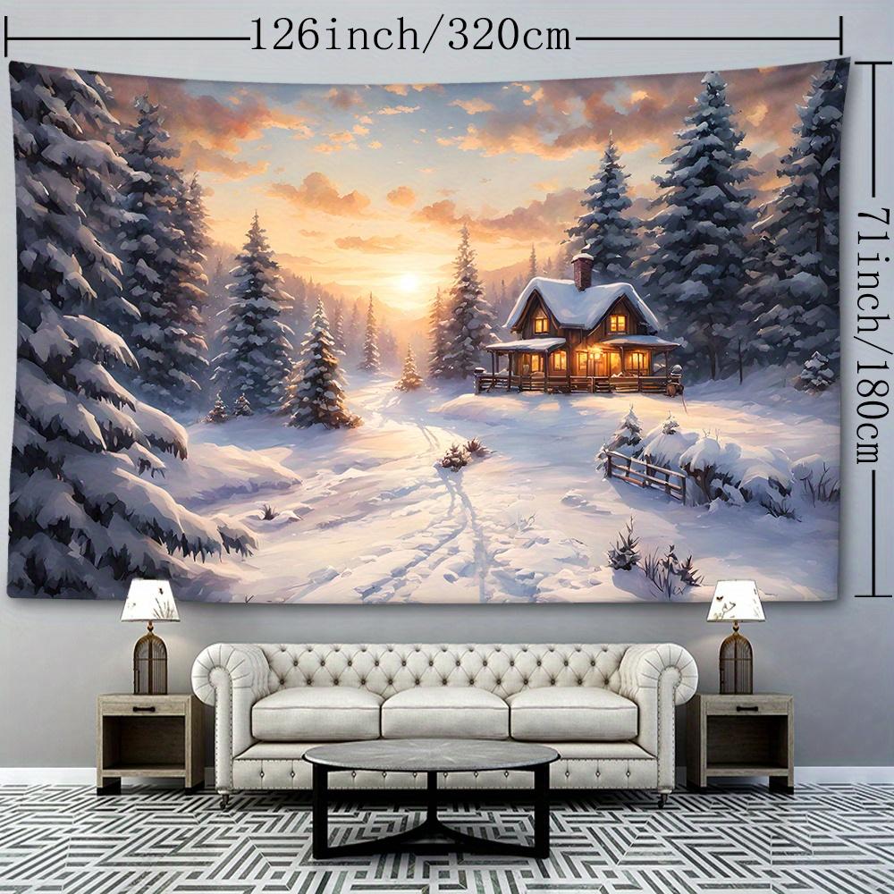 Christmas Snow Mountain & House Tapestry - Festive Wall Hanging for Living Room, Bedroom Decor | Durable Polyester, Easy Care | Multiple Sizes Availab