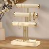 Desktop Jewelry Holder 3 Tier Velvet Organizer, T-shaped for Bracelet, Display Rack Necklaces Rings, & Earrings, Stand with Storage Tray Organizer