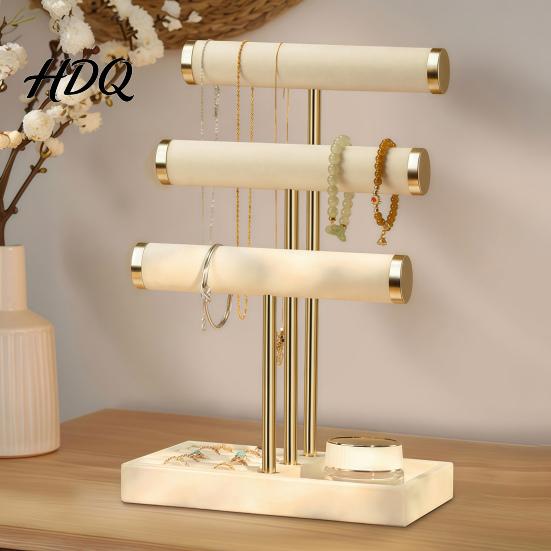 Desktop Jewelry Holder 3 Tier Velvet Organizer, T-shaped for Bracelet, Display Rack Necklaces Rings, & Earrings, Stand with Storage Tray Organizer