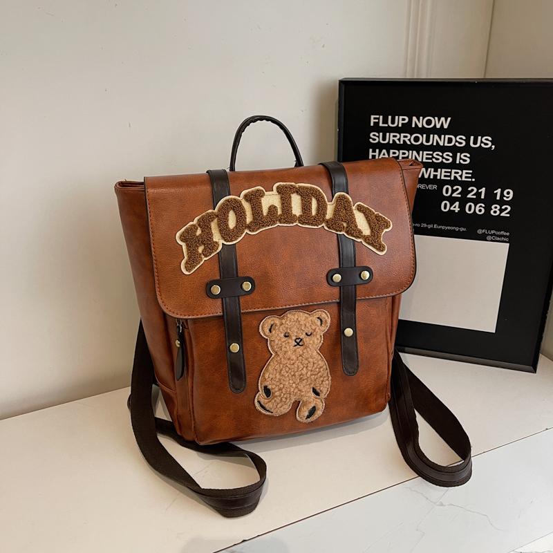 Retro Backpack Women Letter Bear Print Commuter Bag Large Capacity Student School Bag