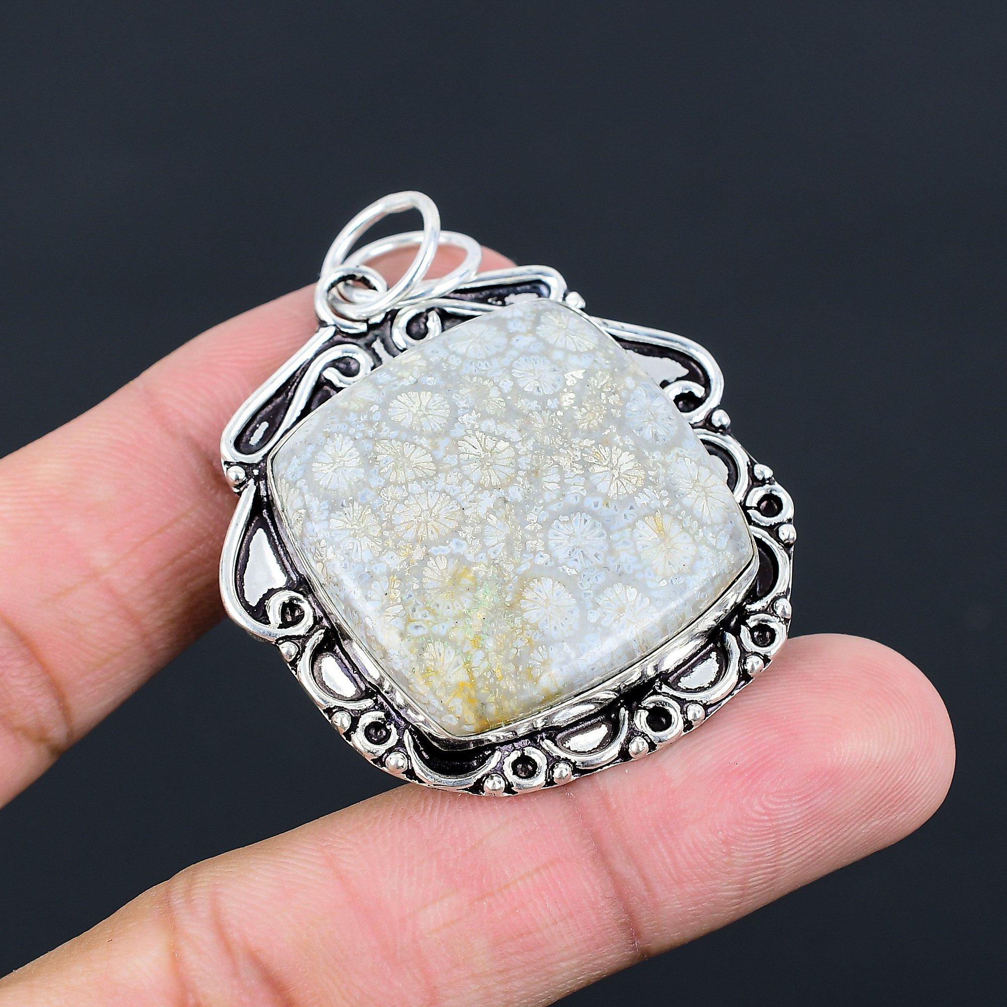 

Daughters Day Deal Natural Fossil Coral Bezel Ethnic Pendant 925 Sterling Silver
