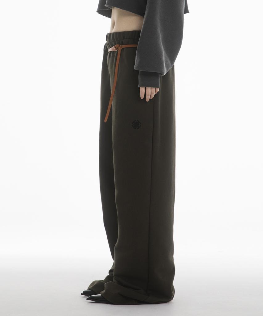Paensyo Leather Belt Wide Pants - Khaki