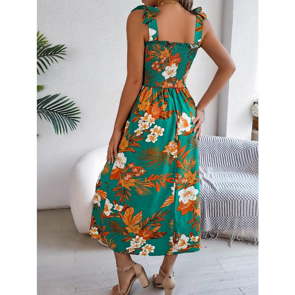 Frühlings- und Sommer-Blumen-Bindegürtel-Trägerrock Urlaub Strand Langer Rock Mode Damen Langer Rock