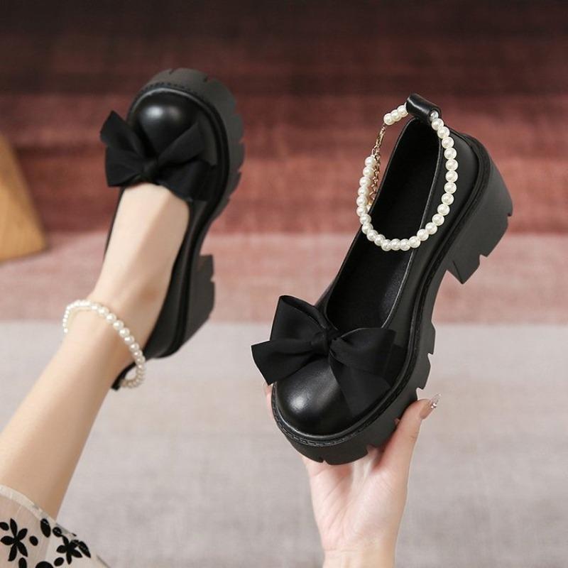Fashion Pearl Bow Mary Jane Sandals 2025 Summer Women Lolita Thick High Heels Shoes Women Japanese Style Small Leather Shoes