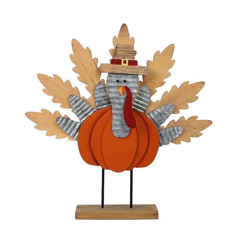 Thanksgiving Wooden Turkeys Decorations Indoor Turkey Figurines For Table Centerpieces Multi-Piece Harvest Decors with Pumpkin and Fall Foliage Motifs