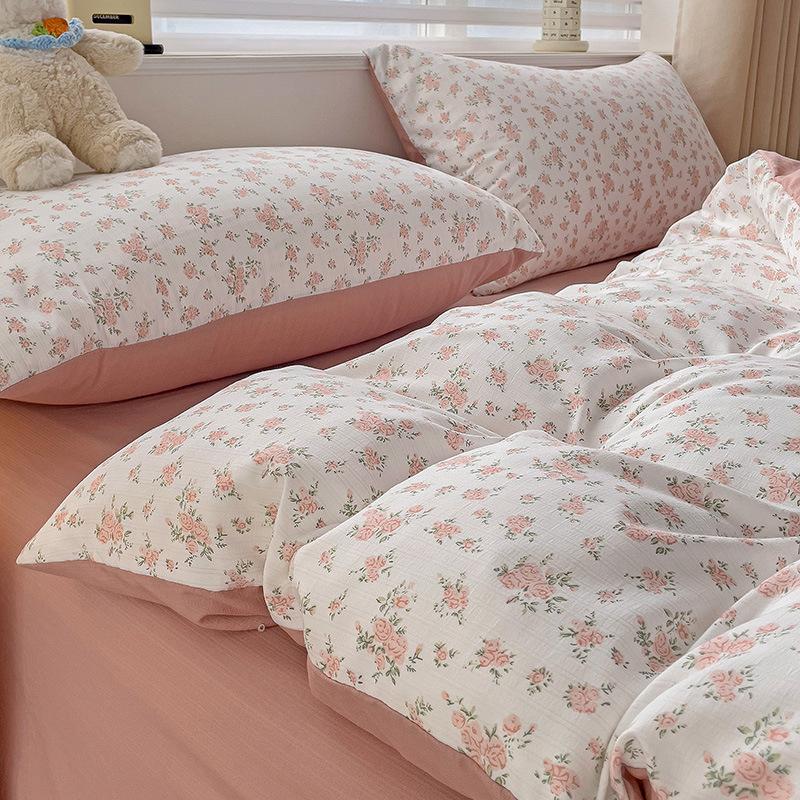 Juego de Cama de Cuatro Piezas de Gasa de Burbujas de Doble Capa Grado A para Madre y Bebé Sábana de Algodón Puro, Ropa de Cama para Dormitorio Estilo Ins