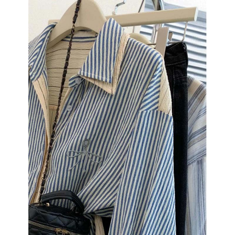 Women Spring Autumn Long Sleeve Patchwork Loose Casual Blouse Double Layered Lapel Striped Shirts