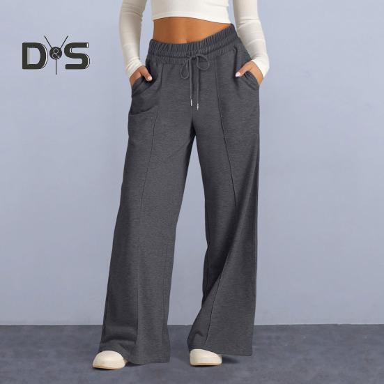 Women Sweatpants Elastic Mid-rise Adjustable Drawstring Straight Wide Leg Jogger Athletic Pants with Pockets Loose Fit Yoga Trousers
