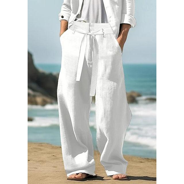 

Весенне-летние дышащие брюки для отдыха, мужские, для пляжа, повседневные, однотонные льняные брюки, мужская мода, брюки со шнуровкой, свободного кроя XS белый