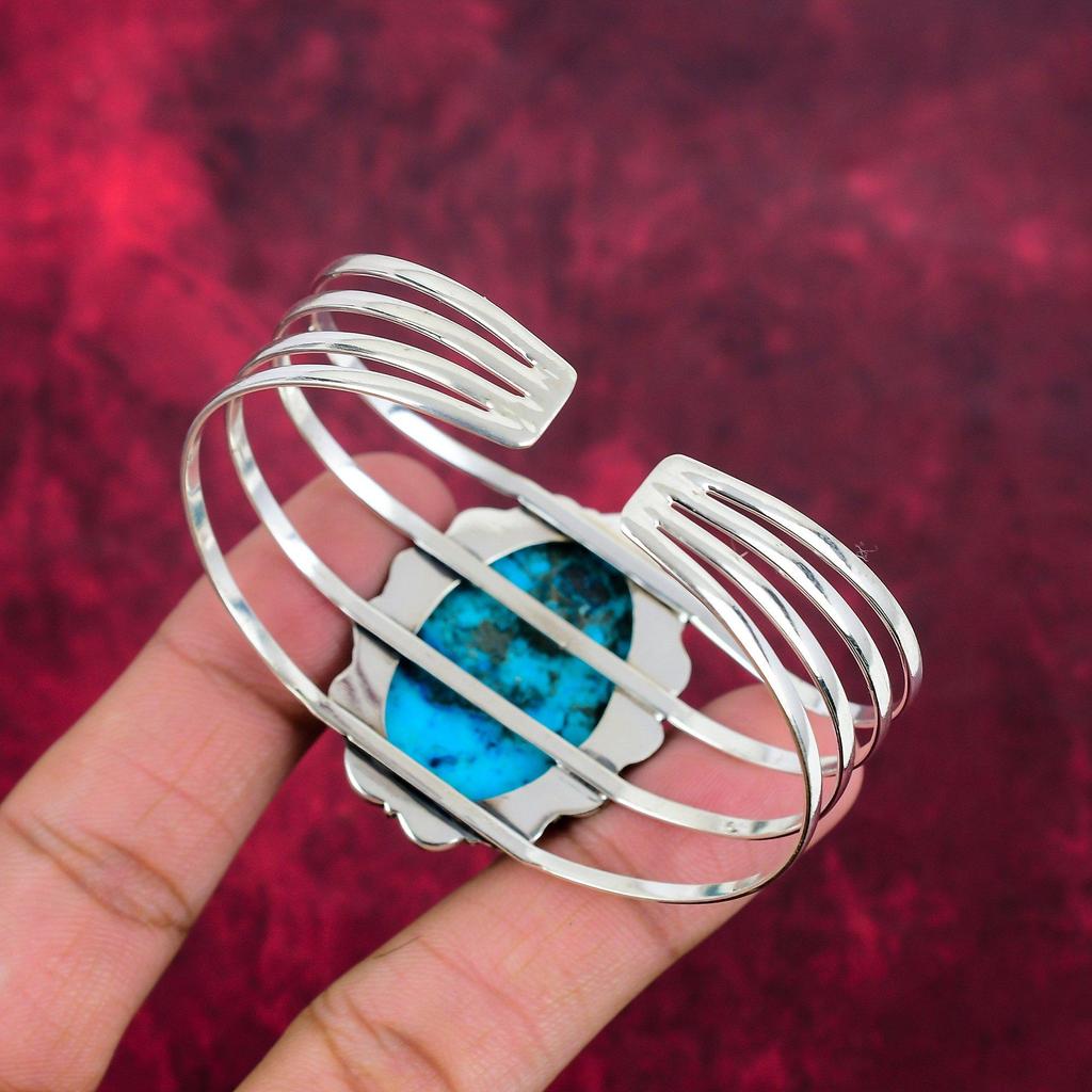 Blue Turquoise Handmade Gemstone Bangle, 925 Solid Sterling Silver Antique Jewelry Bangle, For Engagement Gift