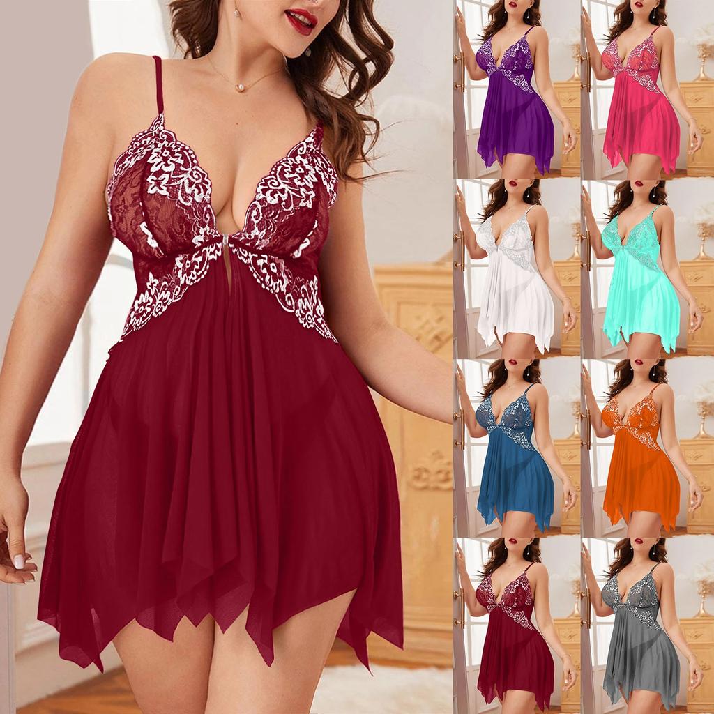 Ladies Sexy Multi-Erotic Pajamas Lace Lace Solid Color Mesh V-Neck Nightdress