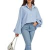 Women's Elegant Loose Casual Single Breasted Striped Shirt Lantern Sleeve Long Sleeve Lapel Shirt