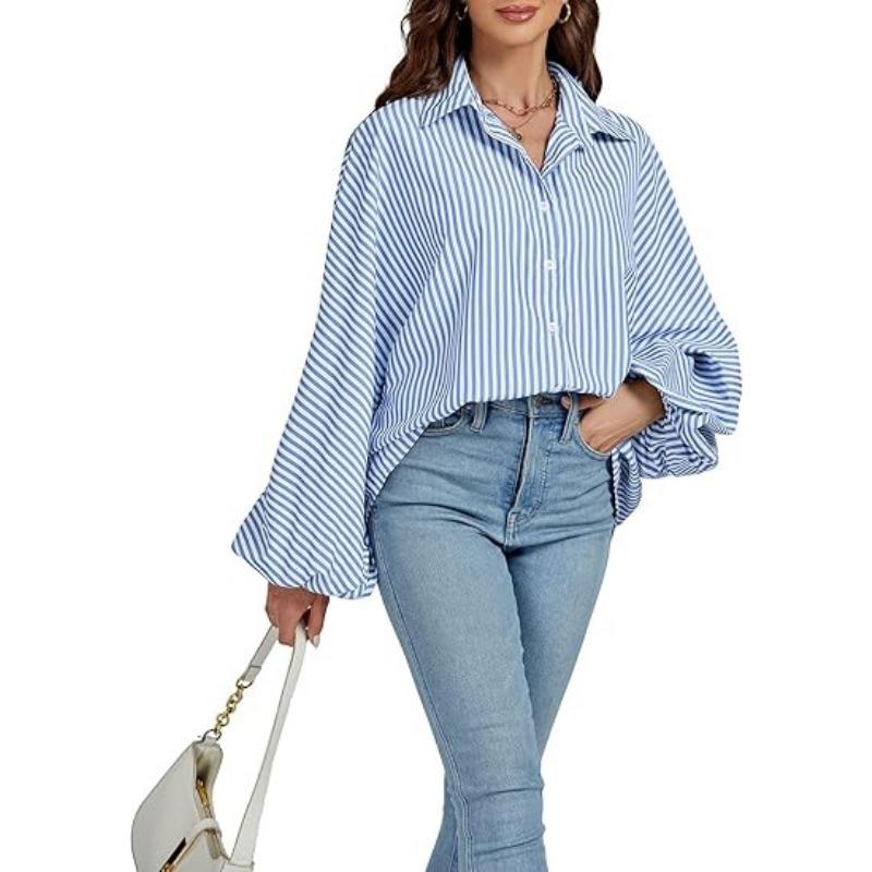 Women's Elegant Loose Casual Single Breasted Striped Shirt Lantern Sleeve Long Sleeve Lapel Shirt
