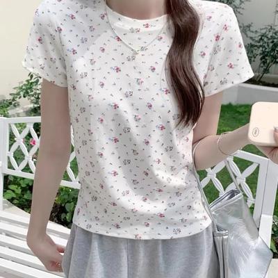 Summer Retro Sweet Spicy Fresh Floral Short-sleeved Printed Short New Slim Fit Sweet Bottoming Top